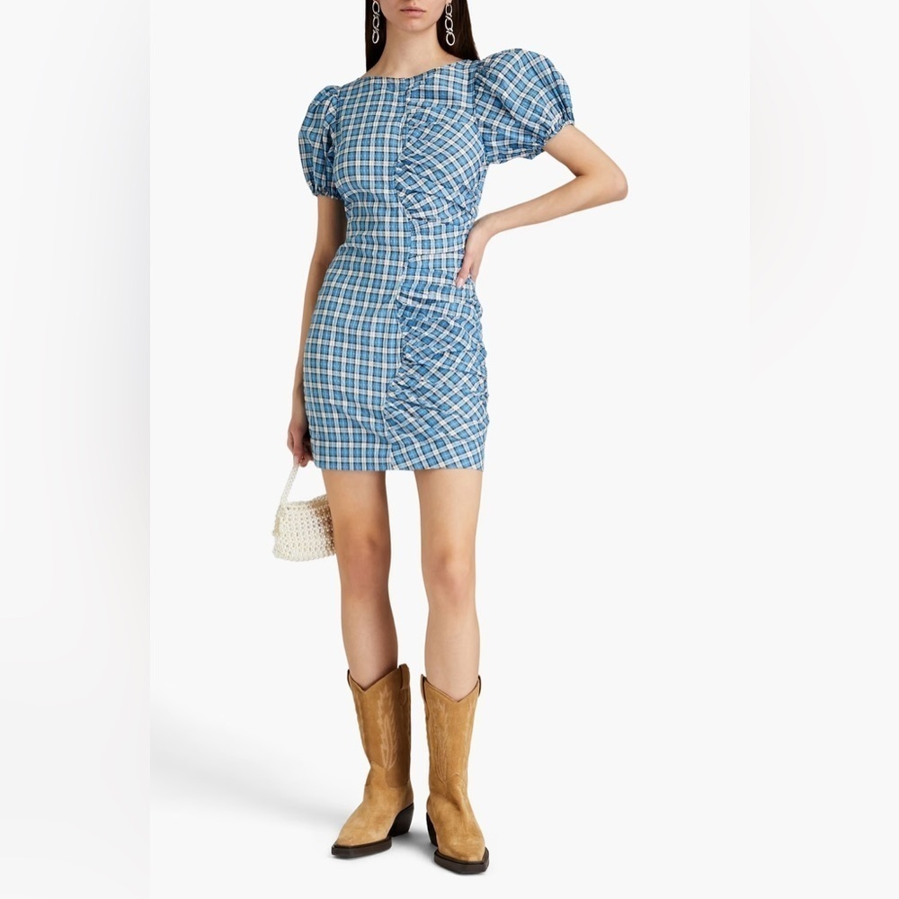 GANNI Gathered checked seersucker mini dress, size 34